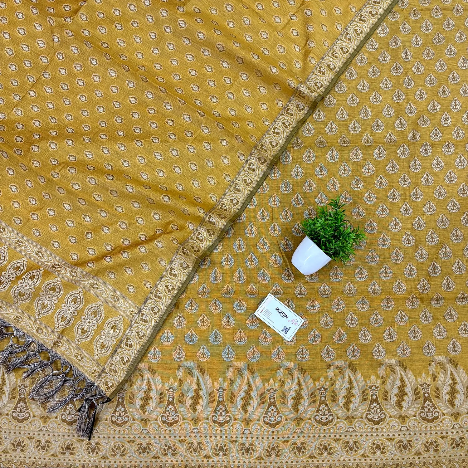Mustard Surahi Buti Cotton Silk Banarasi Suit