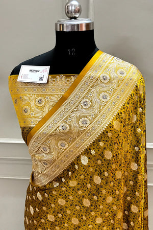 Mustard Yellow Chunni Munni Buti Katan Silk Banarasi Saree