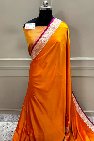 Orange Zari Border Katan Silk Banarasi Saree