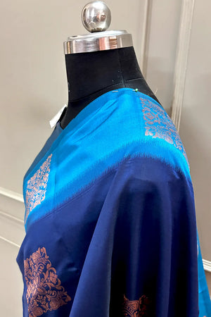 Navy Blue and Firozi Zari Silk Banarasi Saree