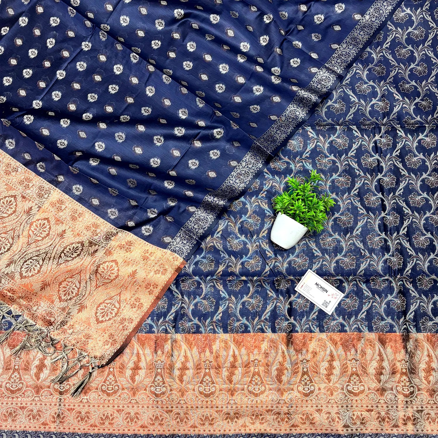 Navy Blue and Gold Zari Border Cotton Silk Banarasi Suit