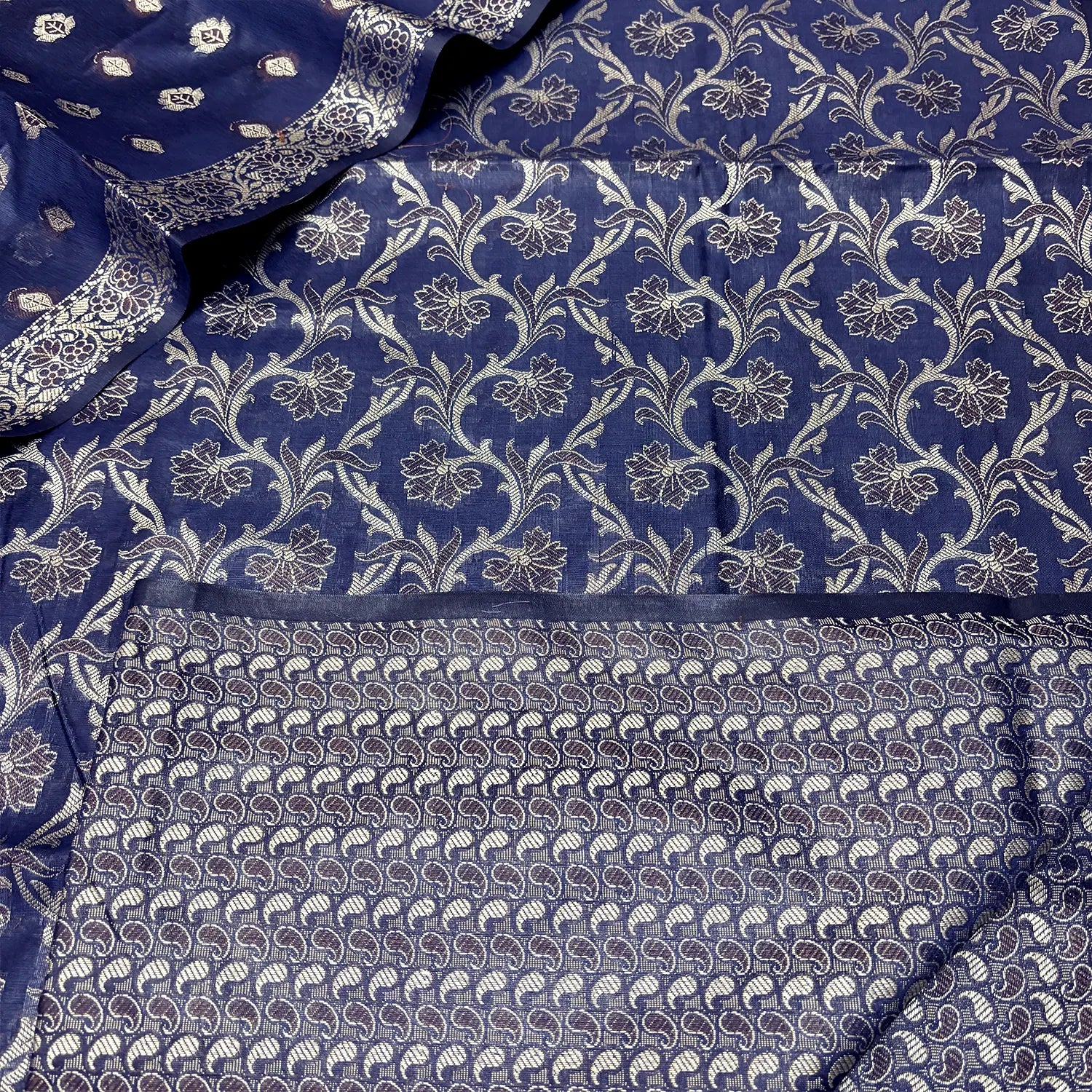 Navy Blue and Gold Zari Border Cotton Silk Banarasi Suit