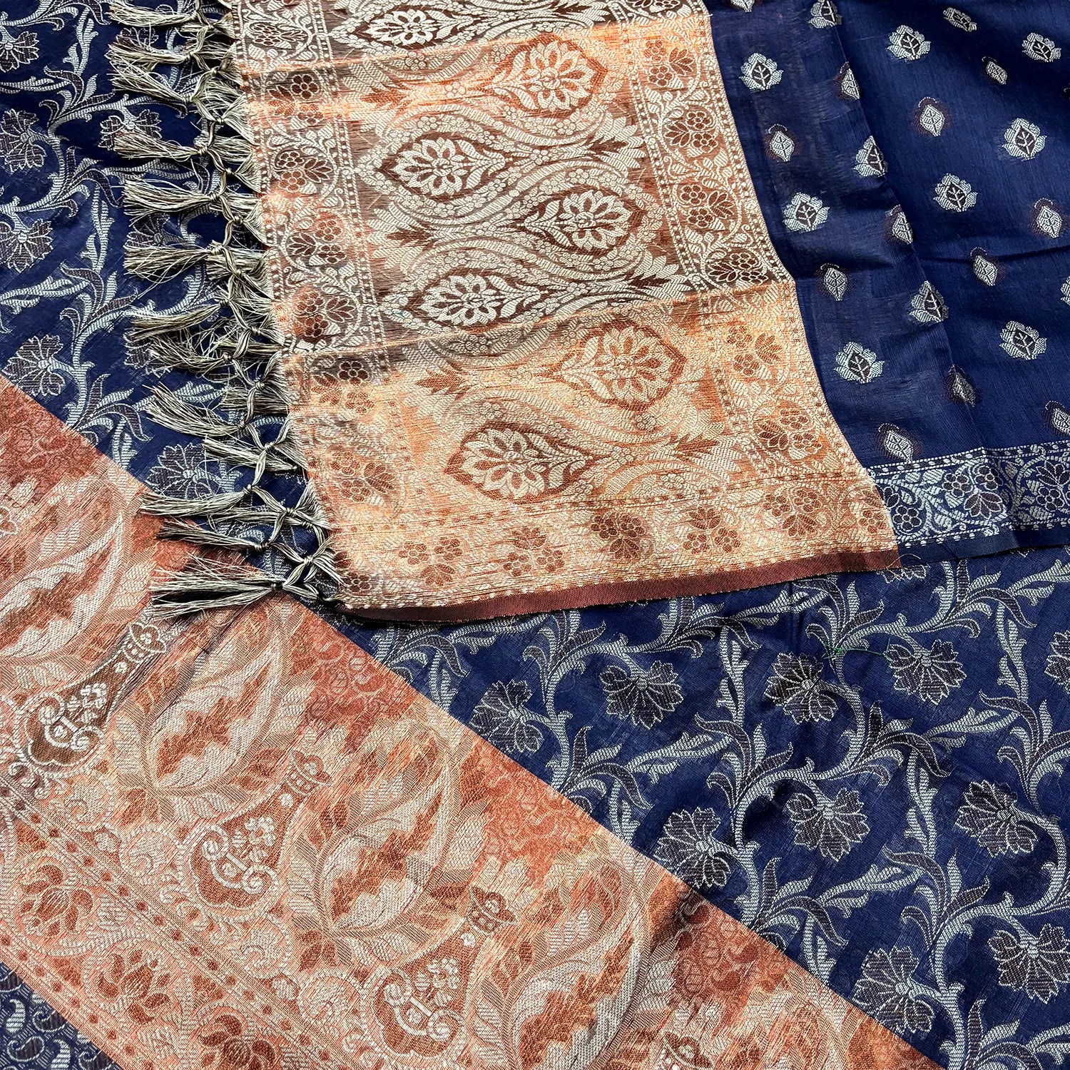 Navy Blue and Gold Zari Border Cotton Silk Banarasi Suit