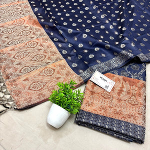 Navy Blue and Gold Zari Border Cotton Silk Banarasi Suit