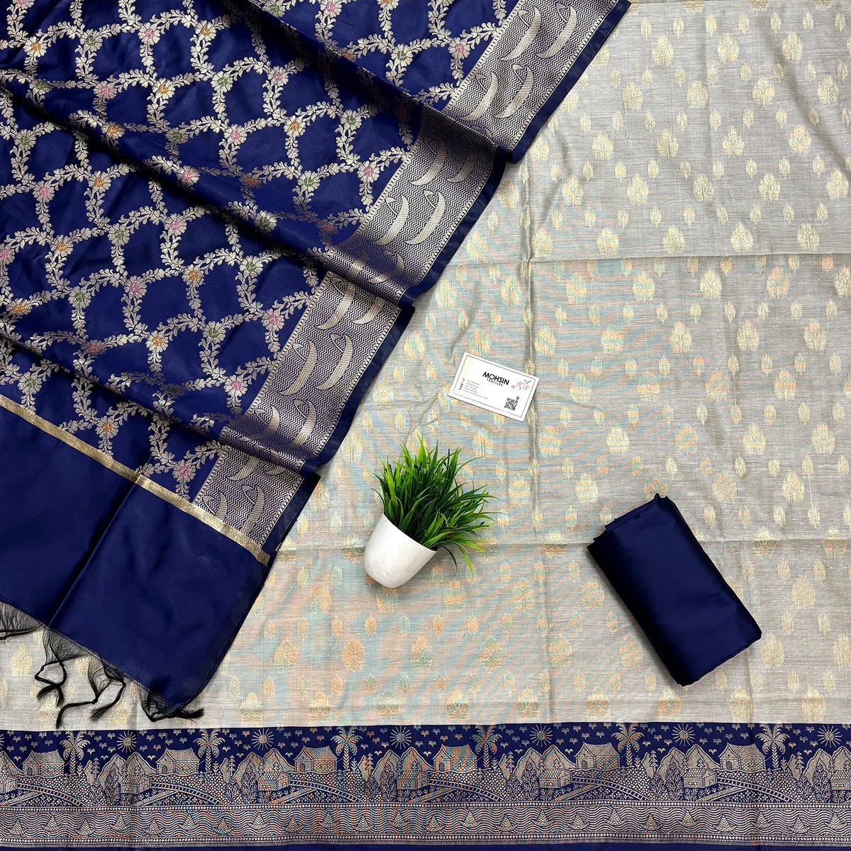 Navy Blue and Grey Nai Basti Banarasi Silk Suit