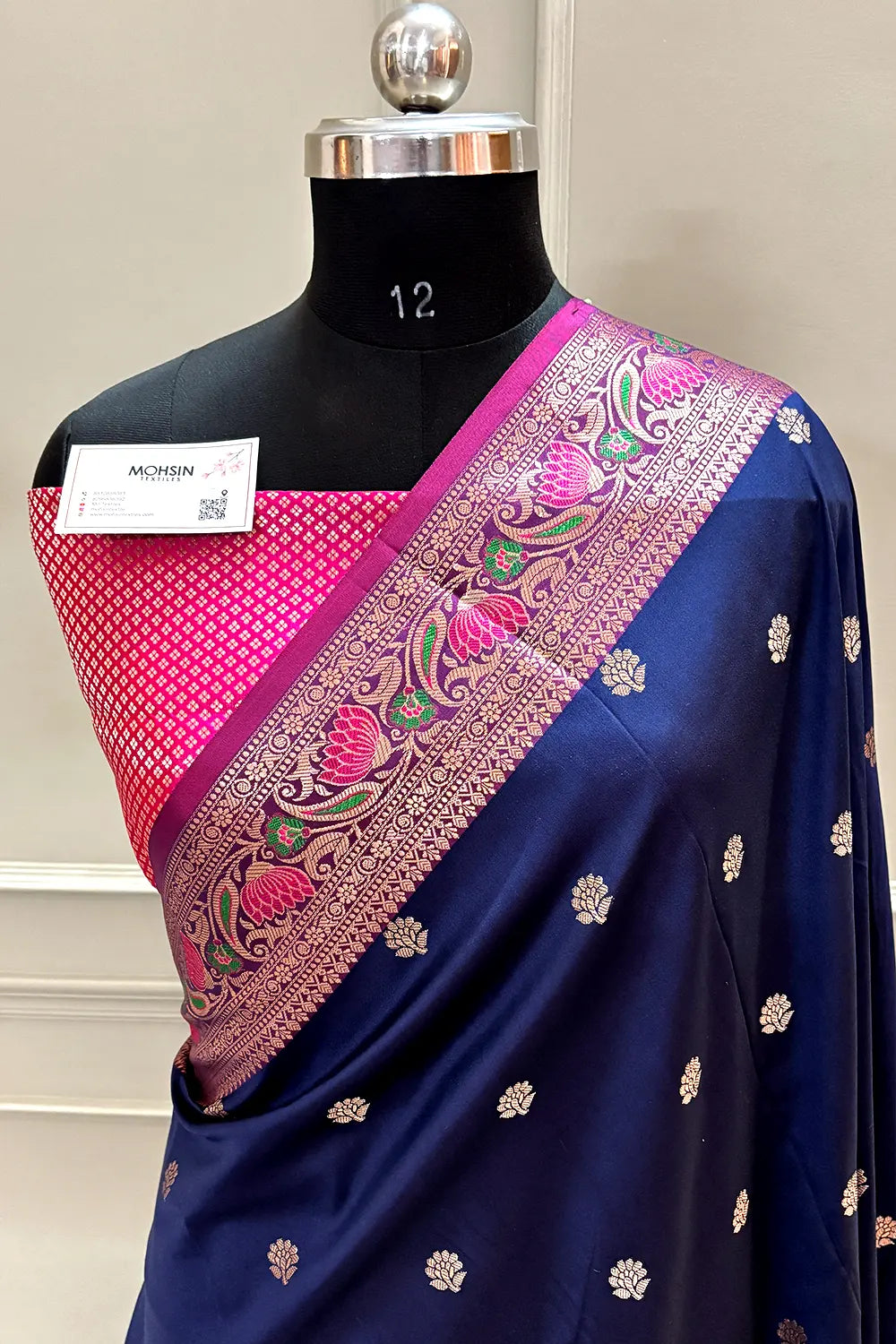 Navy Blue and Pink Buti Banarasi Silk Saree