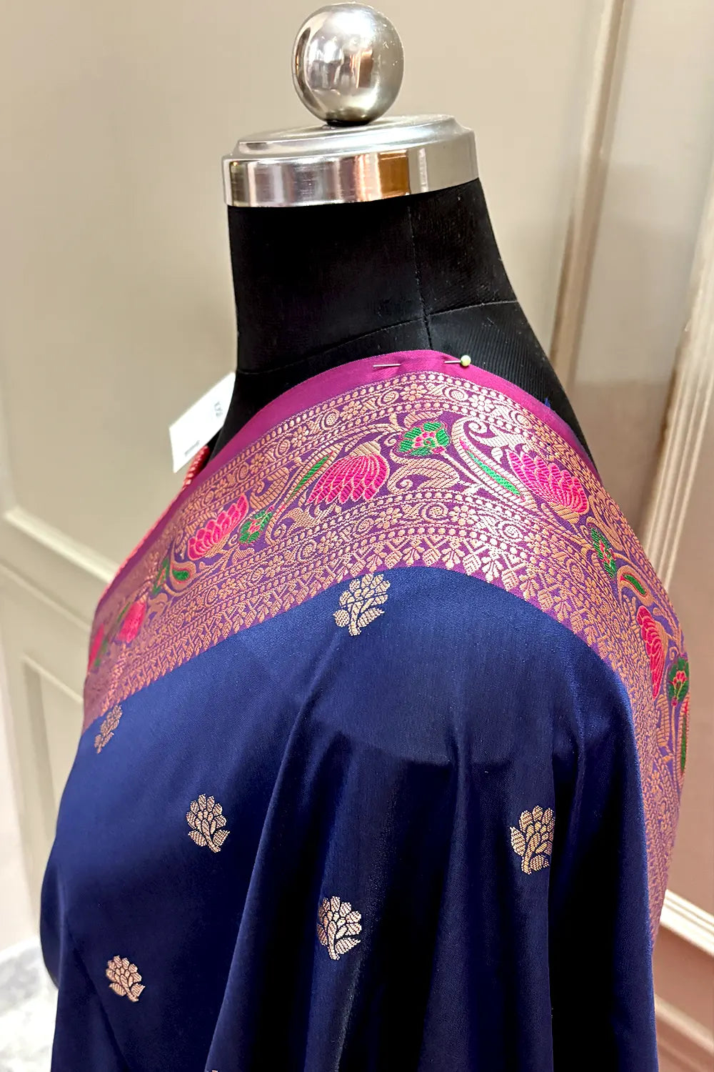 Navy Blue and Pink Buti Banarasi Silk Saree