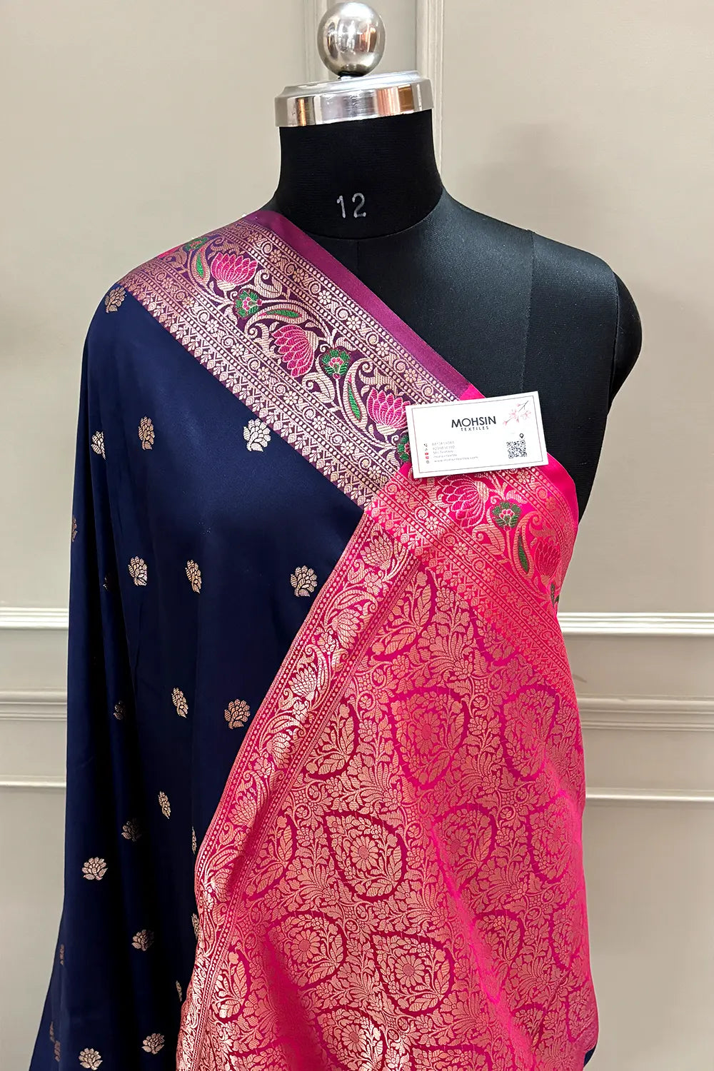 Navy Blue and Pink Buti Banarasi Silk Saree