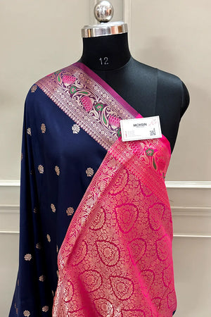 Navy Blue and Pink Buti Banarasi Silk Saree