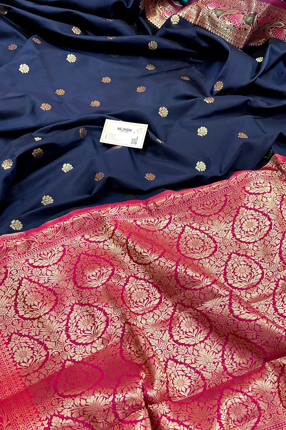 Navy Blue and Pink Buti Banarasi Silk Saree