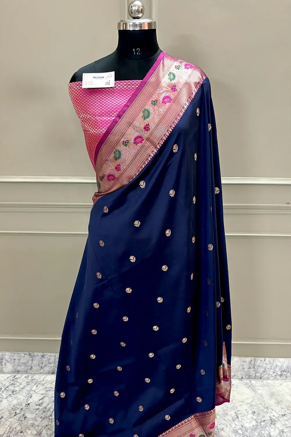 Navy Blue and Pink Buti Banarasi Silk Saree