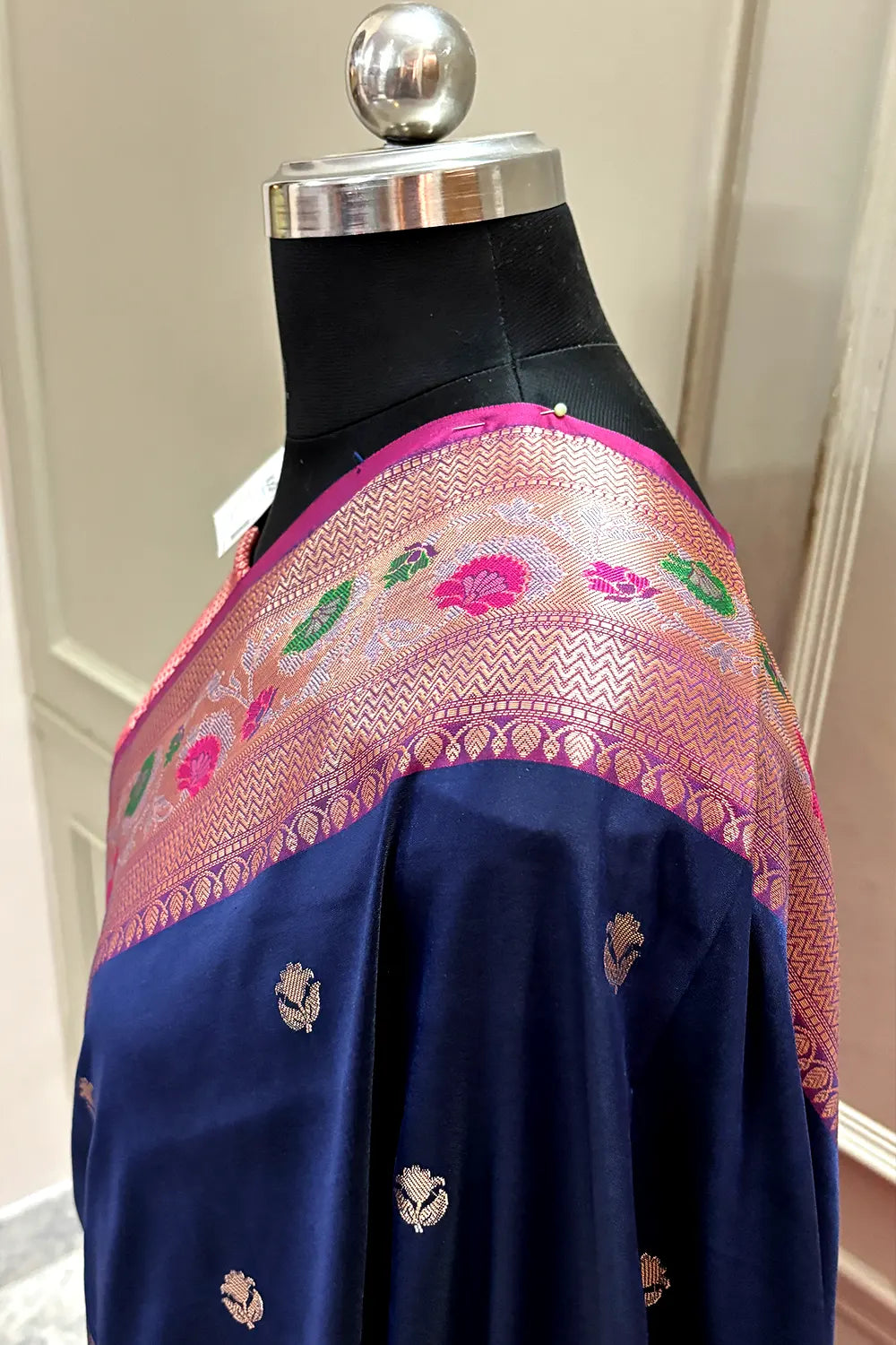 Navy Blue and Pink Buti Banarasi Silk Saree