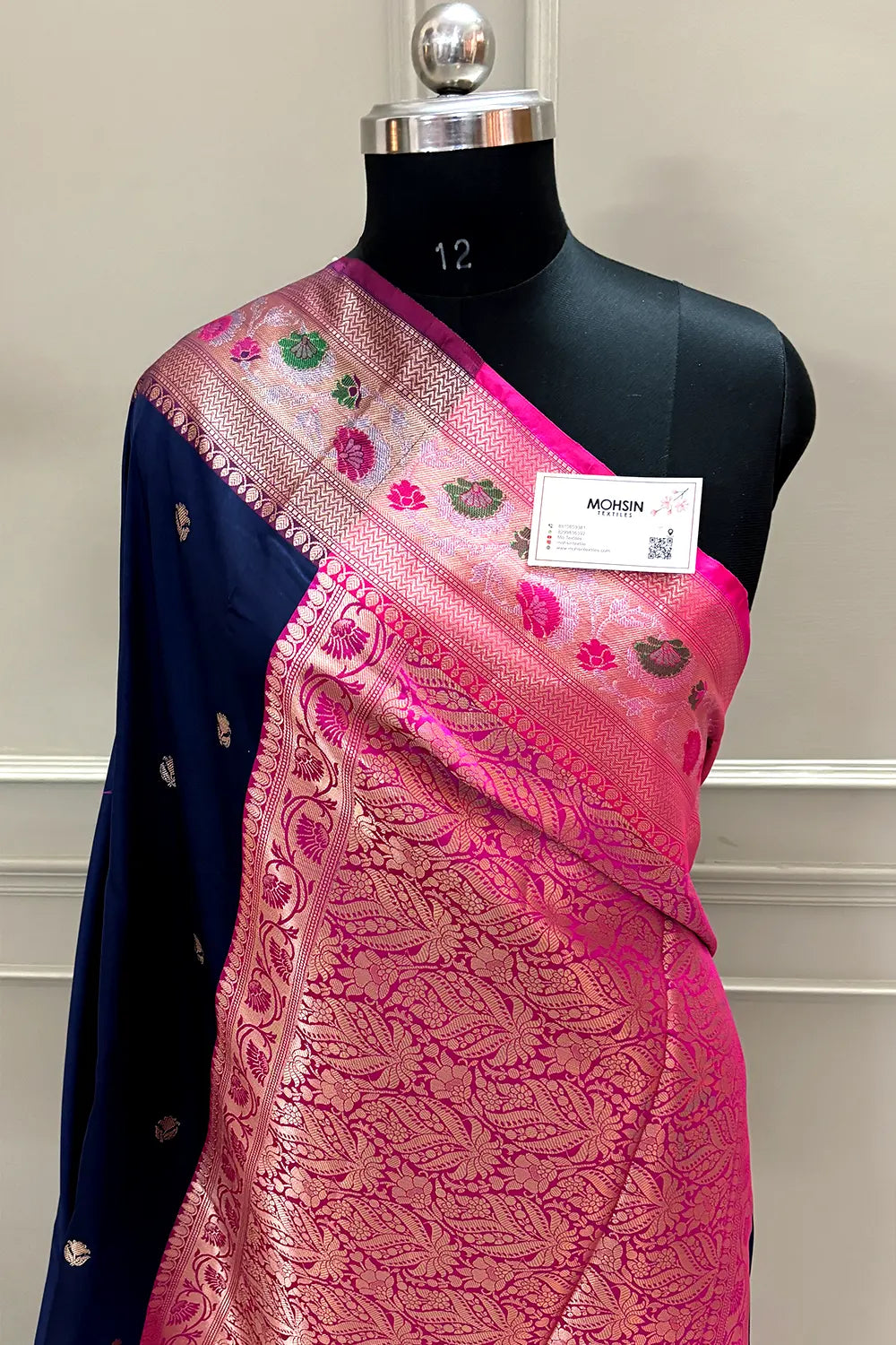 Navy Blue and Pink Buti Banarasi Silk Saree