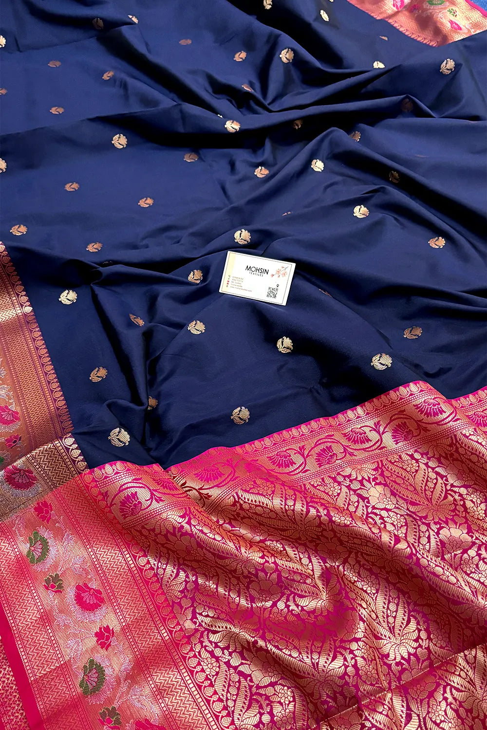 Navy Blue and Pink Buti Banarasi Silk Saree