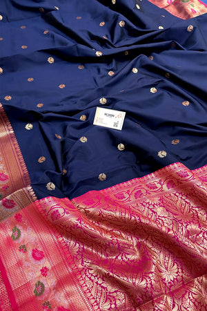 Navy Blue and Pink Buti Banarasi Silk Saree