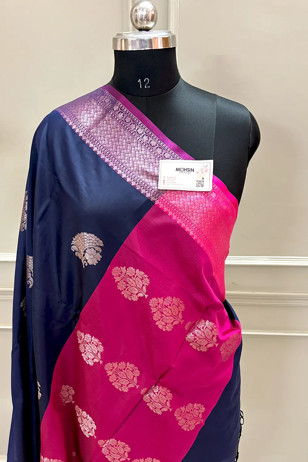 Navy Blue and Pink Golden Zari Banarasi Silk Saree