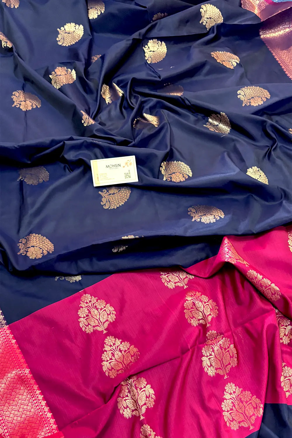 Navy Blue and Pink Golden Zari Banarasi Silk Saree