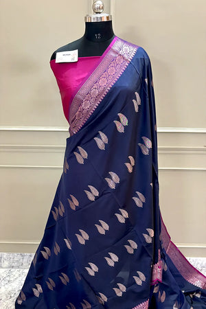 Navy Blue and Pink Golden Zari Banarasi Silk Saree