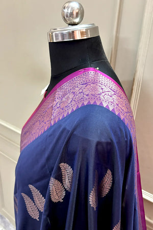 Navy Blue and Pink Golden Zari Banarasi Silk Saree