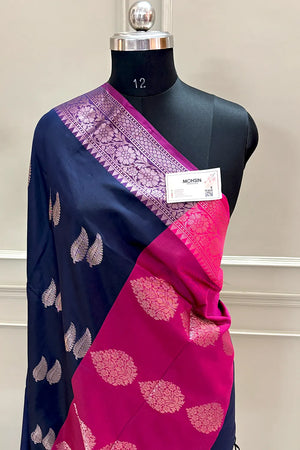 Navy Blue and Pink Golden Zari Banarasi Silk Saree
