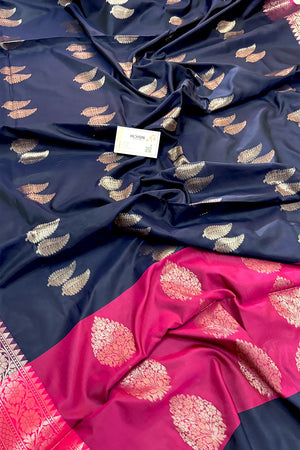 Navy Blue and Pink Golden Zari Banarasi Silk Saree