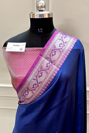 Navy Blue and Pink Plain Banarasi Silk Saree