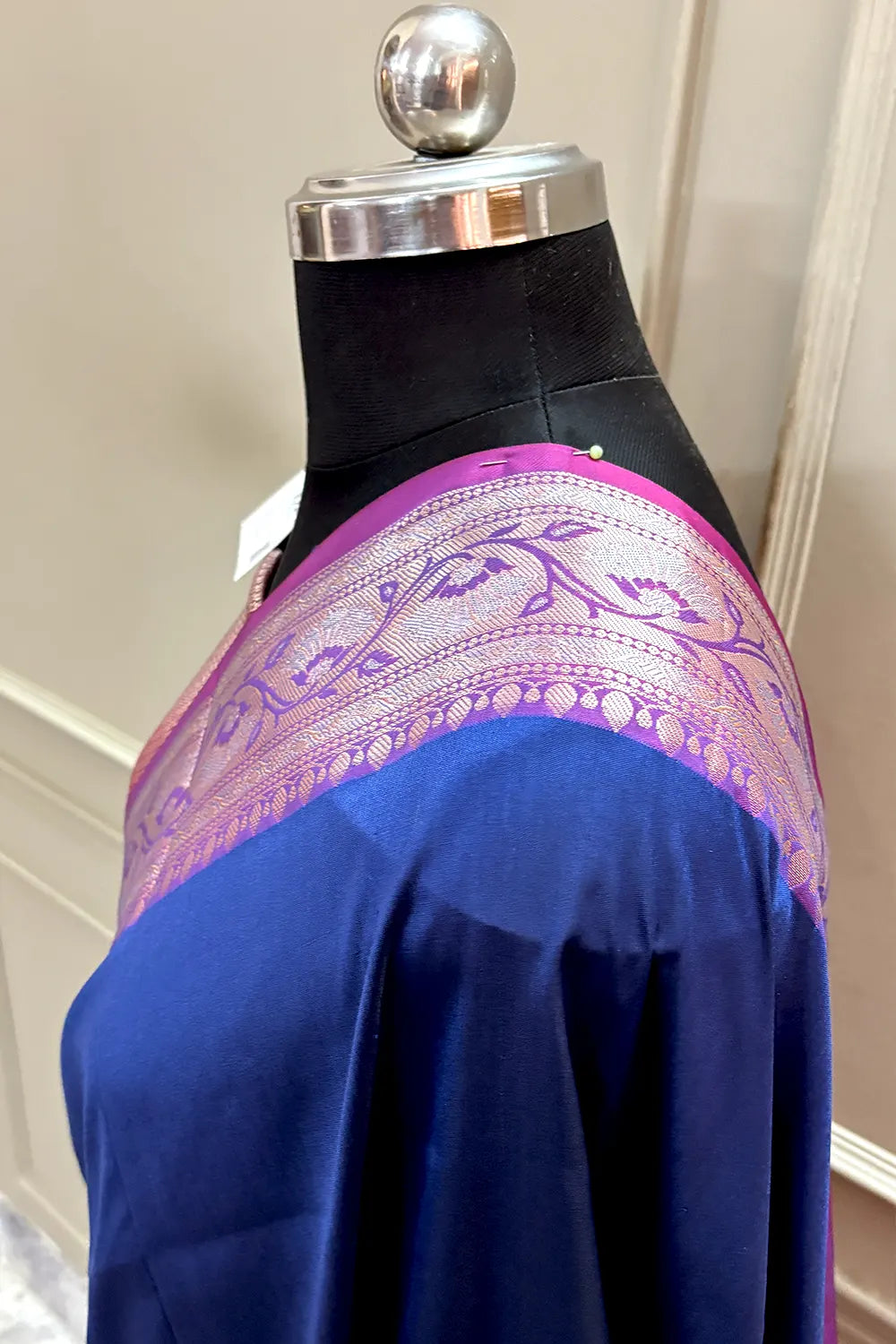 Navy Blue and Pink Plain Banarasi Silk Saree