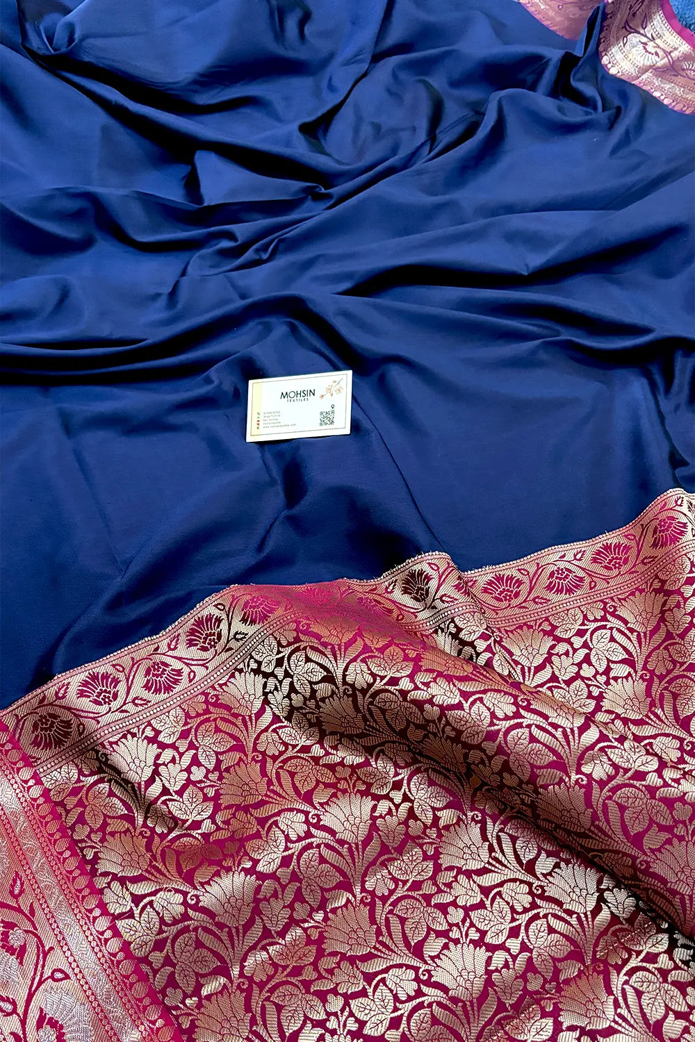 Navy Blue and Pink Plain Banarasi Silk Saree