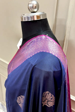 Navy Blue and Pink Zari Banarasi Silk Saree