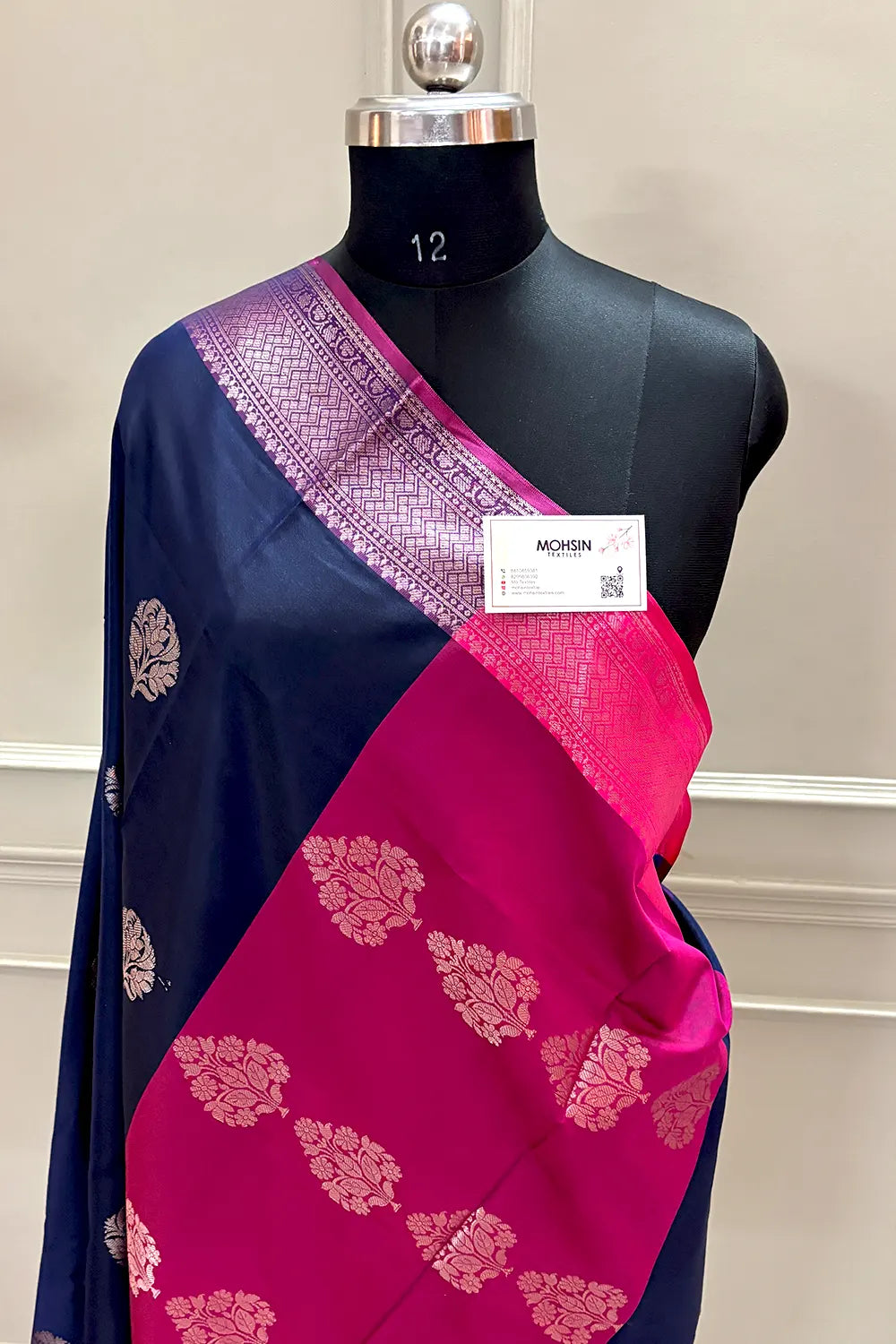 Navy Blue and Pink Zari Banarasi Silk Saree