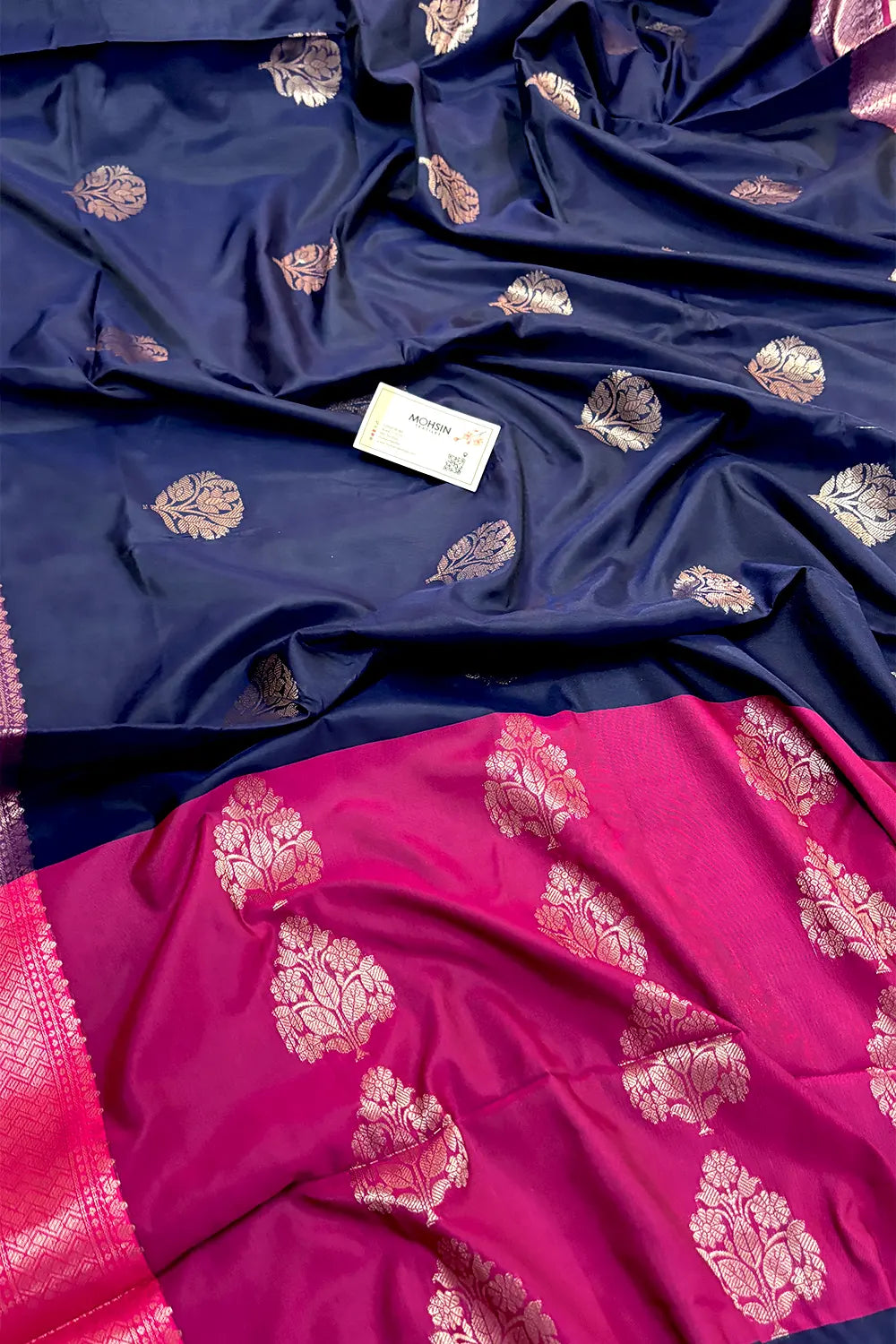 Navy Blue and Pink Zari Banarasi Silk Saree