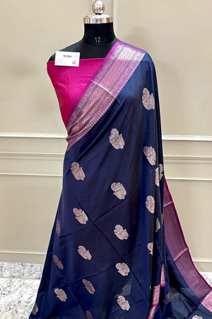 Navy Blue and Pink Zari Banarasi Silk Saree