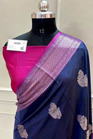 Navy Blue and Pink Zari Banarasi Silk Saree