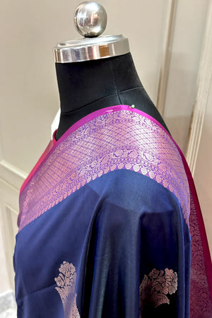 Navy Blue and Pink Zari Banarasi Silk Saree