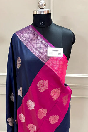 Navy Blue and Pink Zari Banarasi Silk Saree