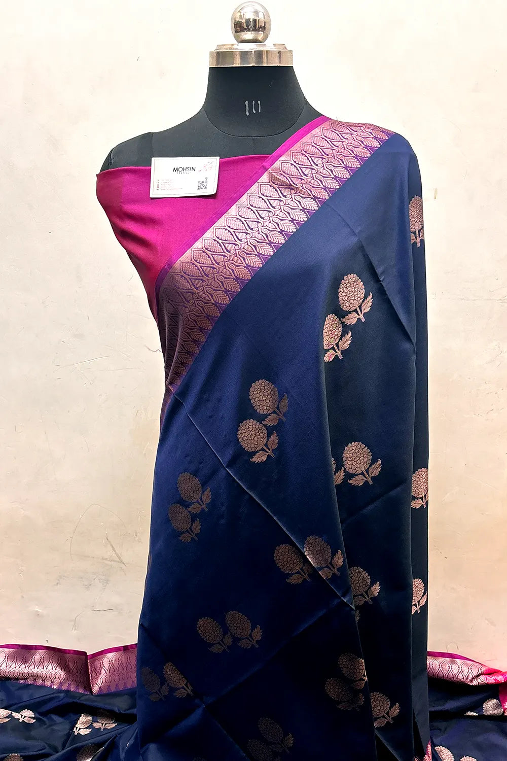 Navy Blue and Pink Zari Semi Katan Silk Banarasi Saree