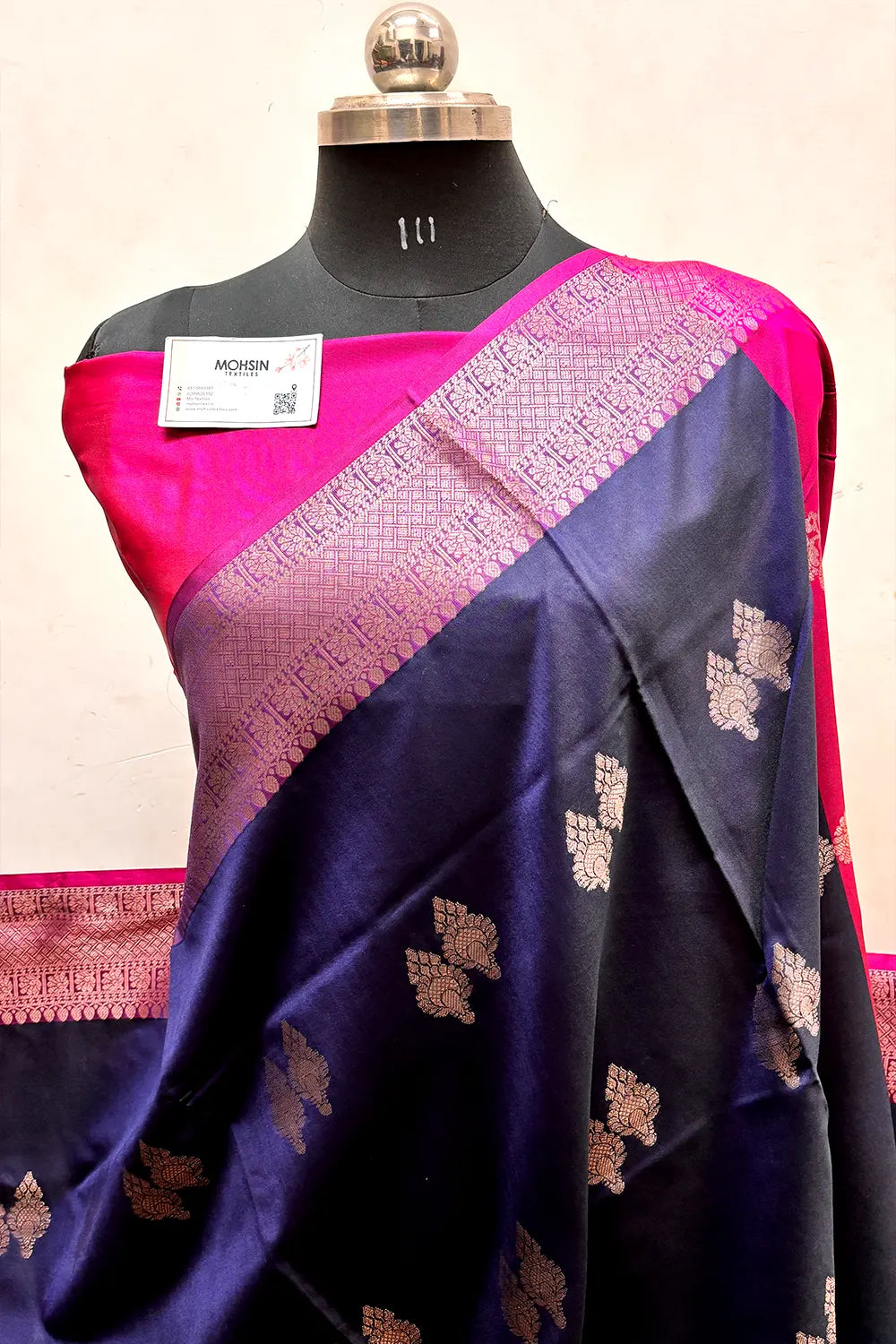 Navy Blue and Pink Zari Semi Katan Silk Banarasi Saree