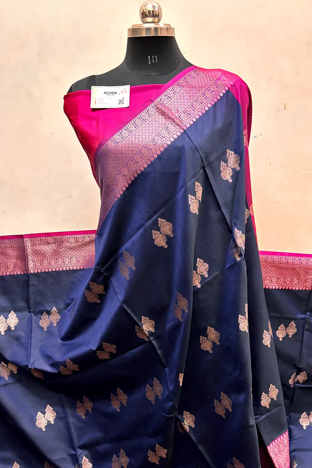 Navy Blue and Pink Zari Semi Katan Silk Banarasi Saree