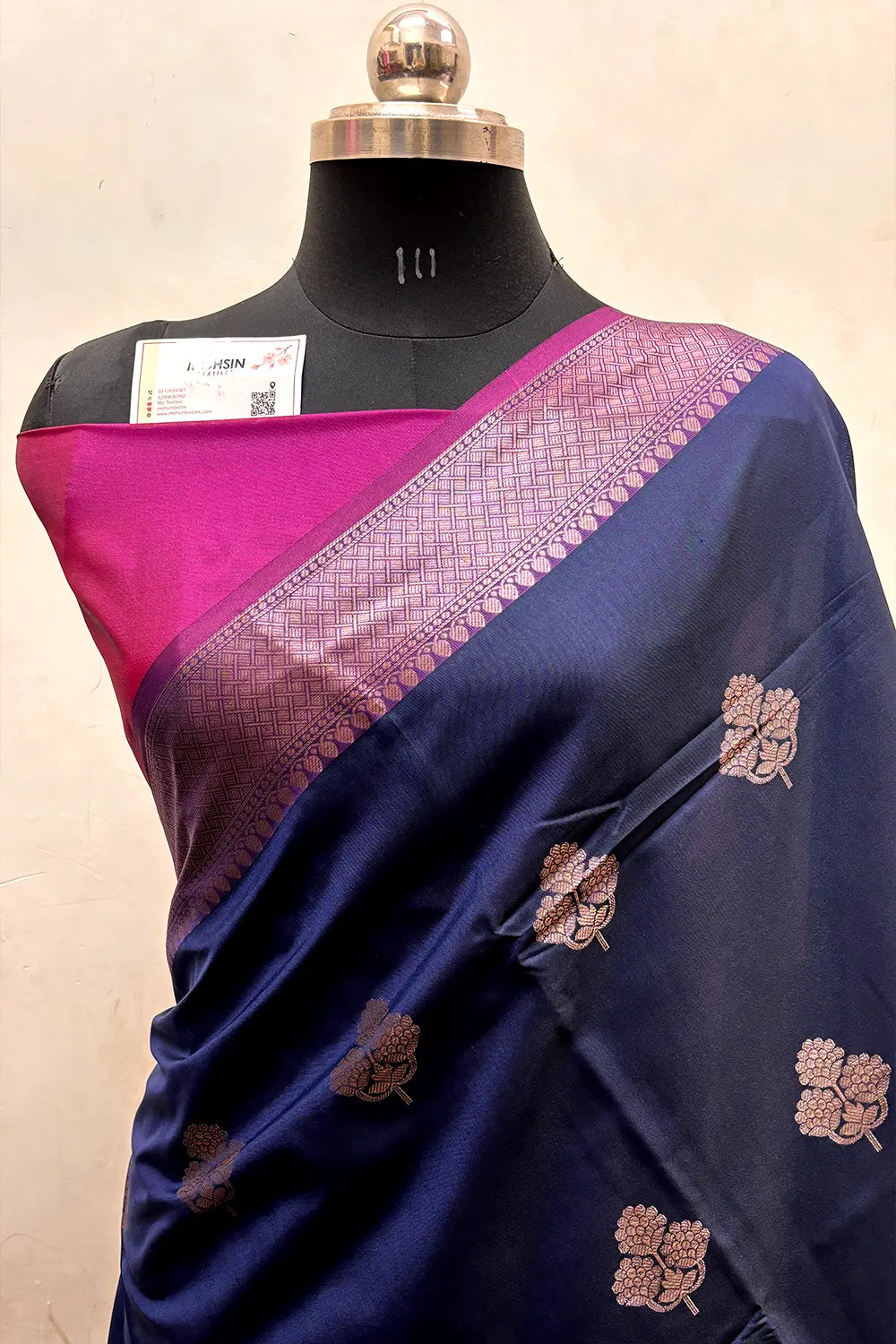 Navy Blue and Pink Zari Semi Katan Silk Banarasi Saree