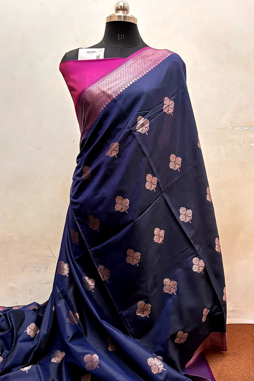 Navy Blue and Pink Zari Semi Katan Silk Banarasi Saree