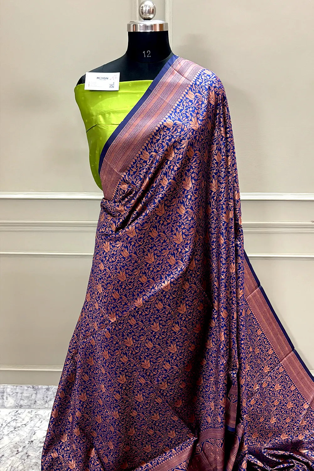 Navy Blue and Pista Banarasi Silk Saree