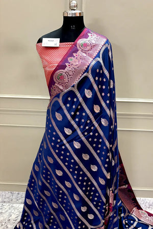 Navy Blue and Red Zari Banarasi Silk Saree