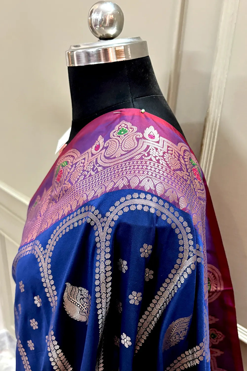 Navy Blue and Red Zari Banarasi Silk Saree