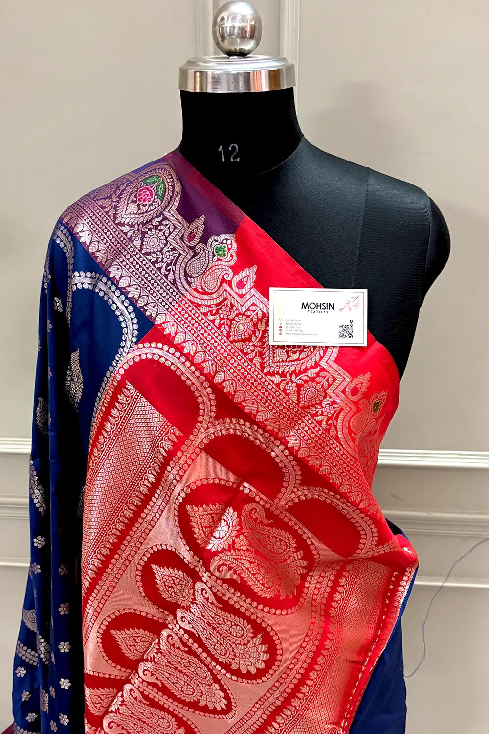 Navy Blue and Red Zari Banarasi Silk Saree