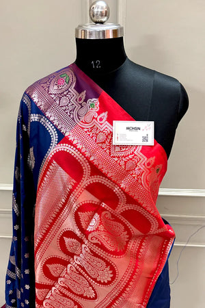 Navy Blue and Red Zari Banarasi Silk Saree