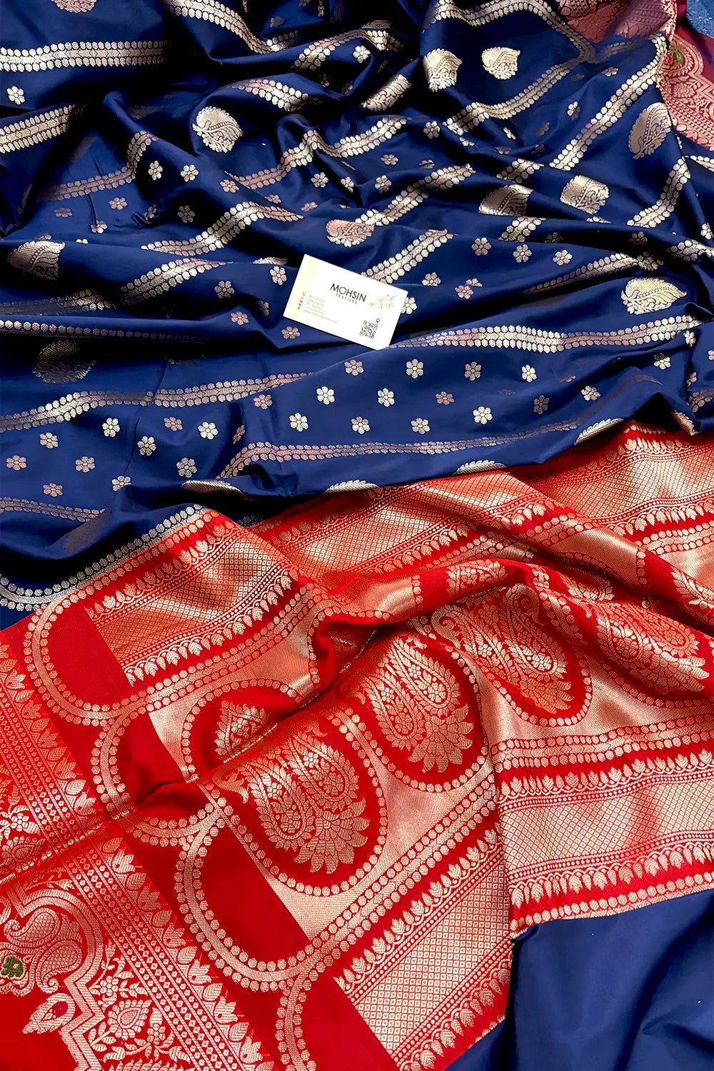 Navy Blue and Red Zari Banarasi Silk Saree