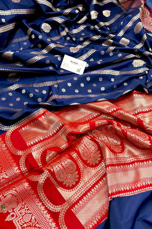 Navy Blue and Red Zari Banarasi Silk Saree