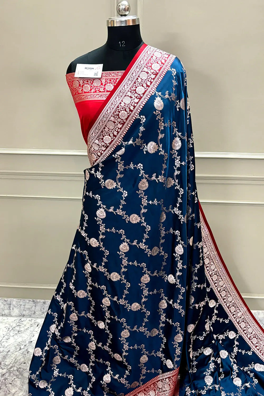 Navy Blue and Red Zari Katan Silk Banarasi Saree