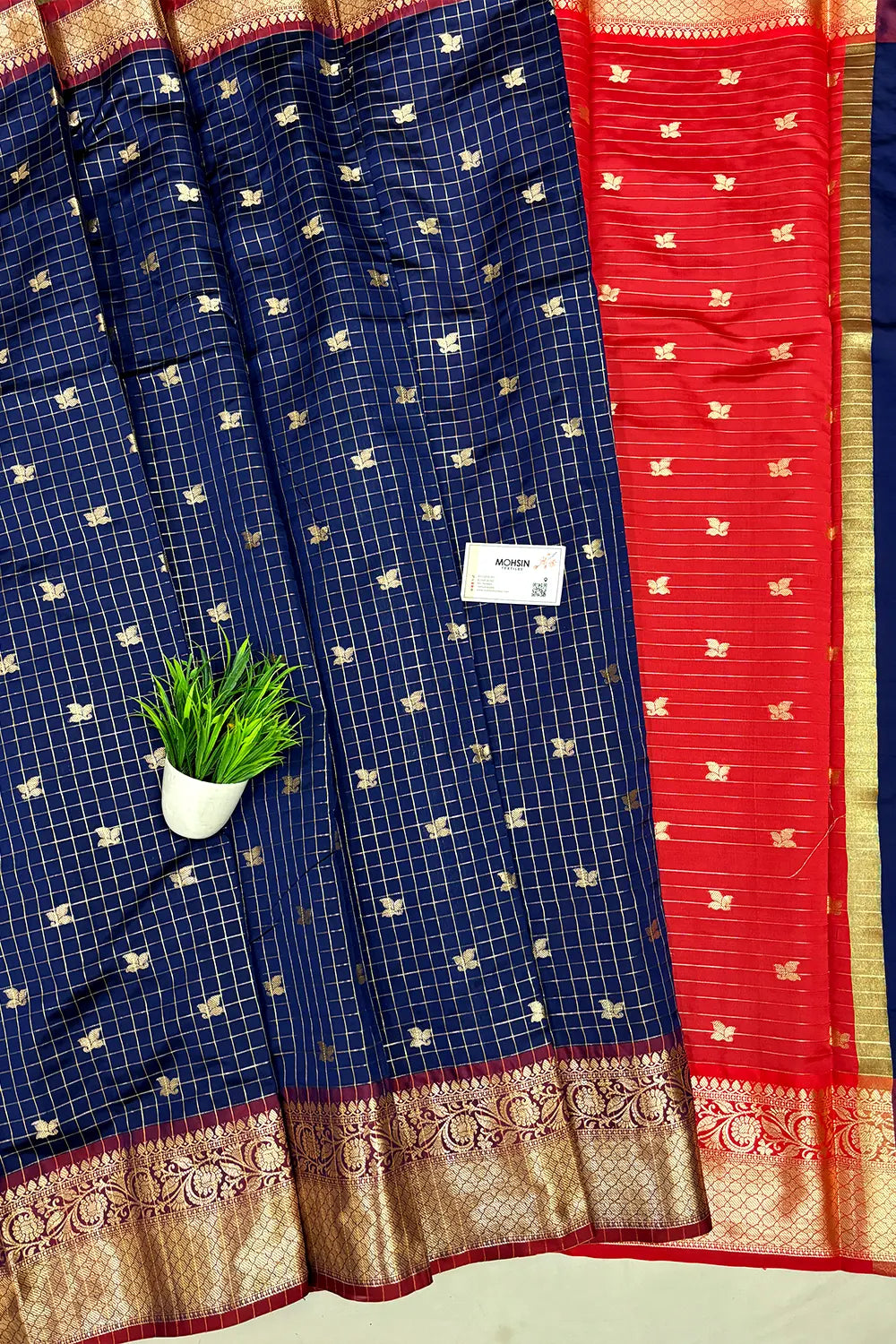 Navy Blue and Red Zari Semi Katan Silk Banarasi Saree