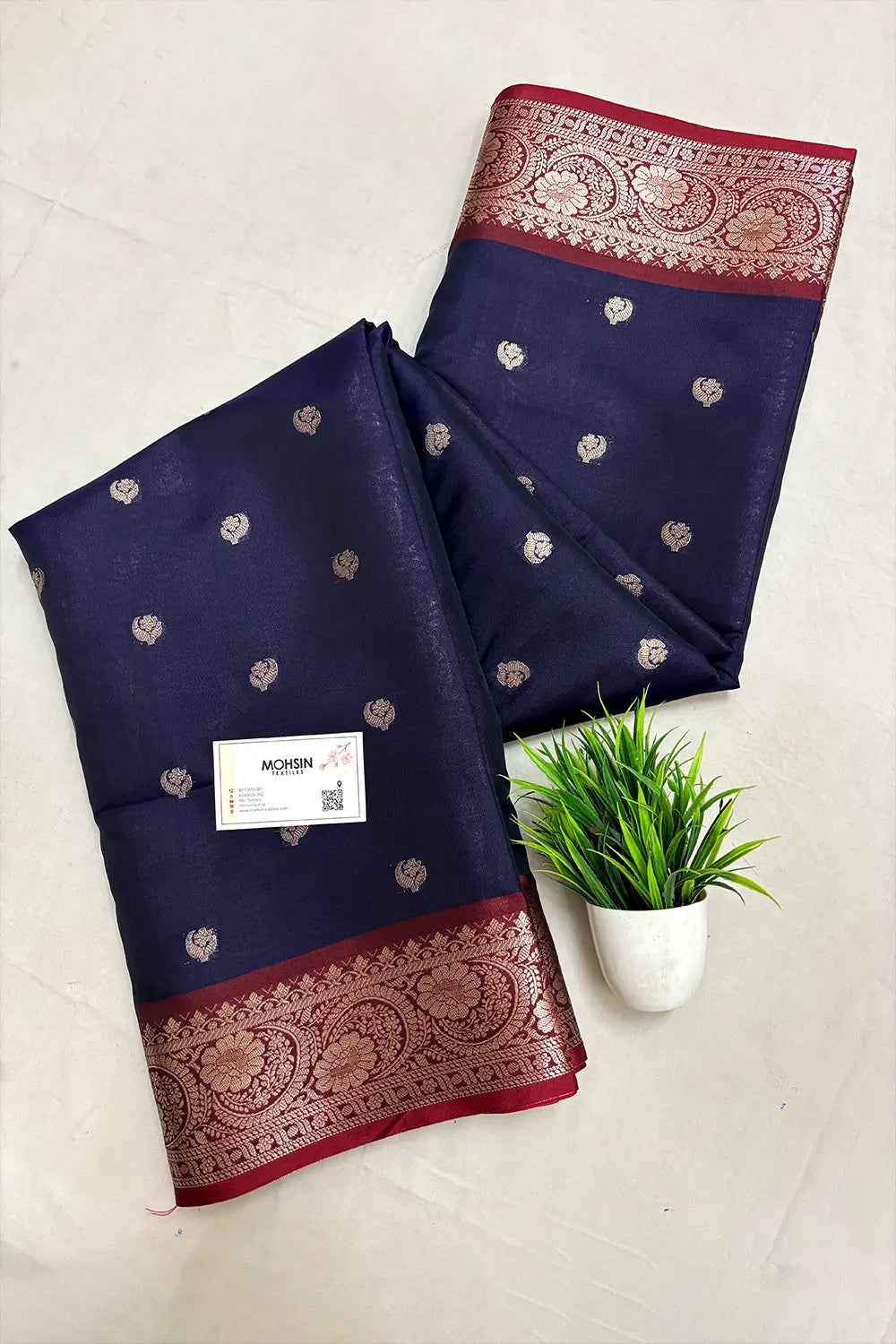 Navy Blue and Wine  Zari Semi Katan Silk Banarasi Saree